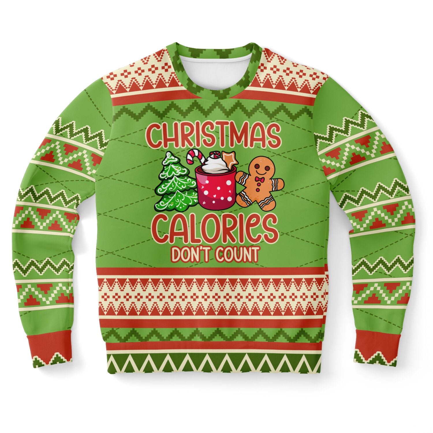 Green Christmas sweater with gingerbread man, cocoa mug, tree, and “Christmas Calories Don’t Count” slogan — funny holiday food pun from CollegeWares.