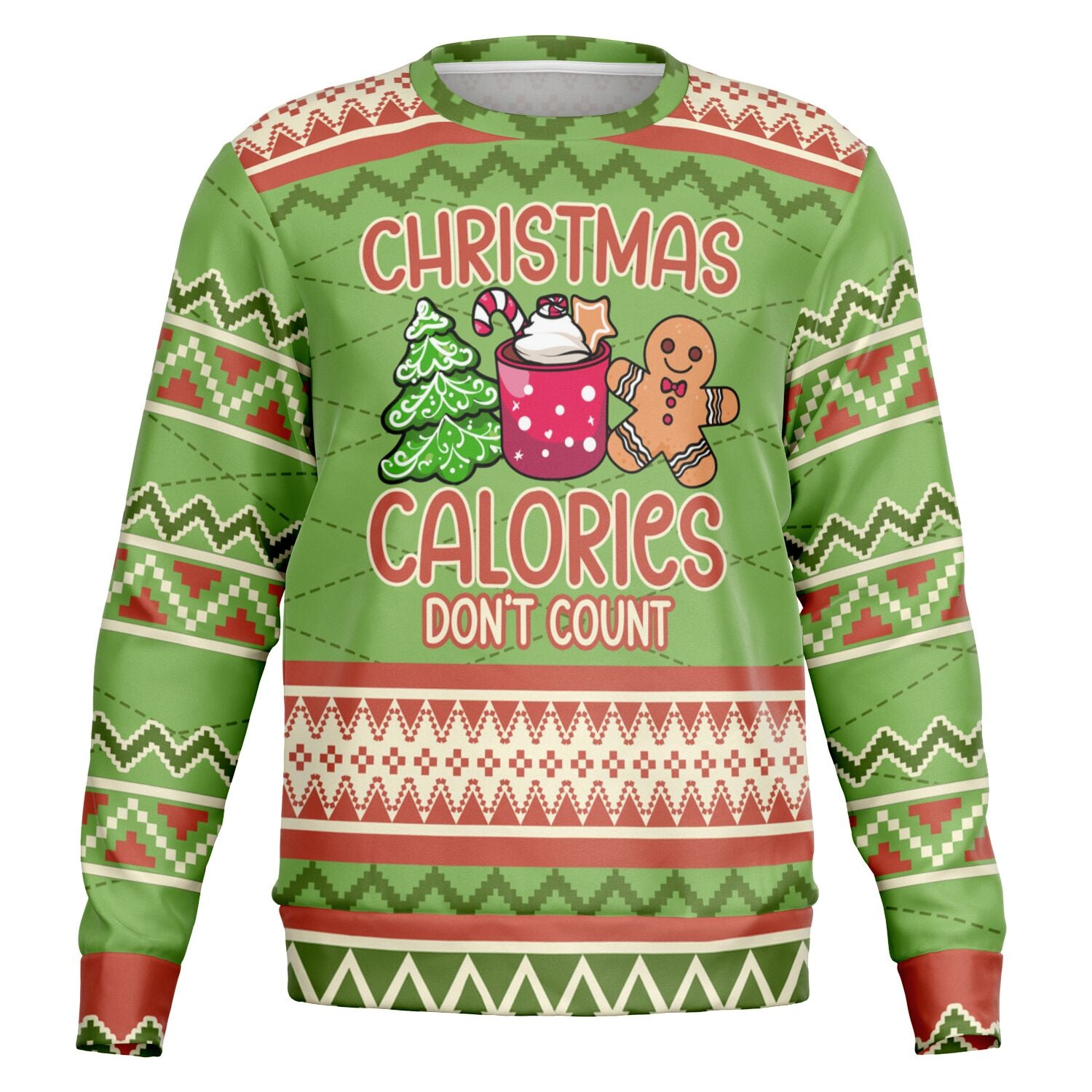 Green Christmas sweater with gingerbread man, cocoa mug, tree, and “Christmas Calories Don’t Count” slogan — funny holiday food pun from CollegeWares.