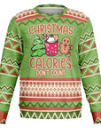 Green Christmas sweater with gingerbread man, cocoa mug, tree, and “Christmas Calories Don’t Count” slogan — funny holiday food pun from CollegeWares.