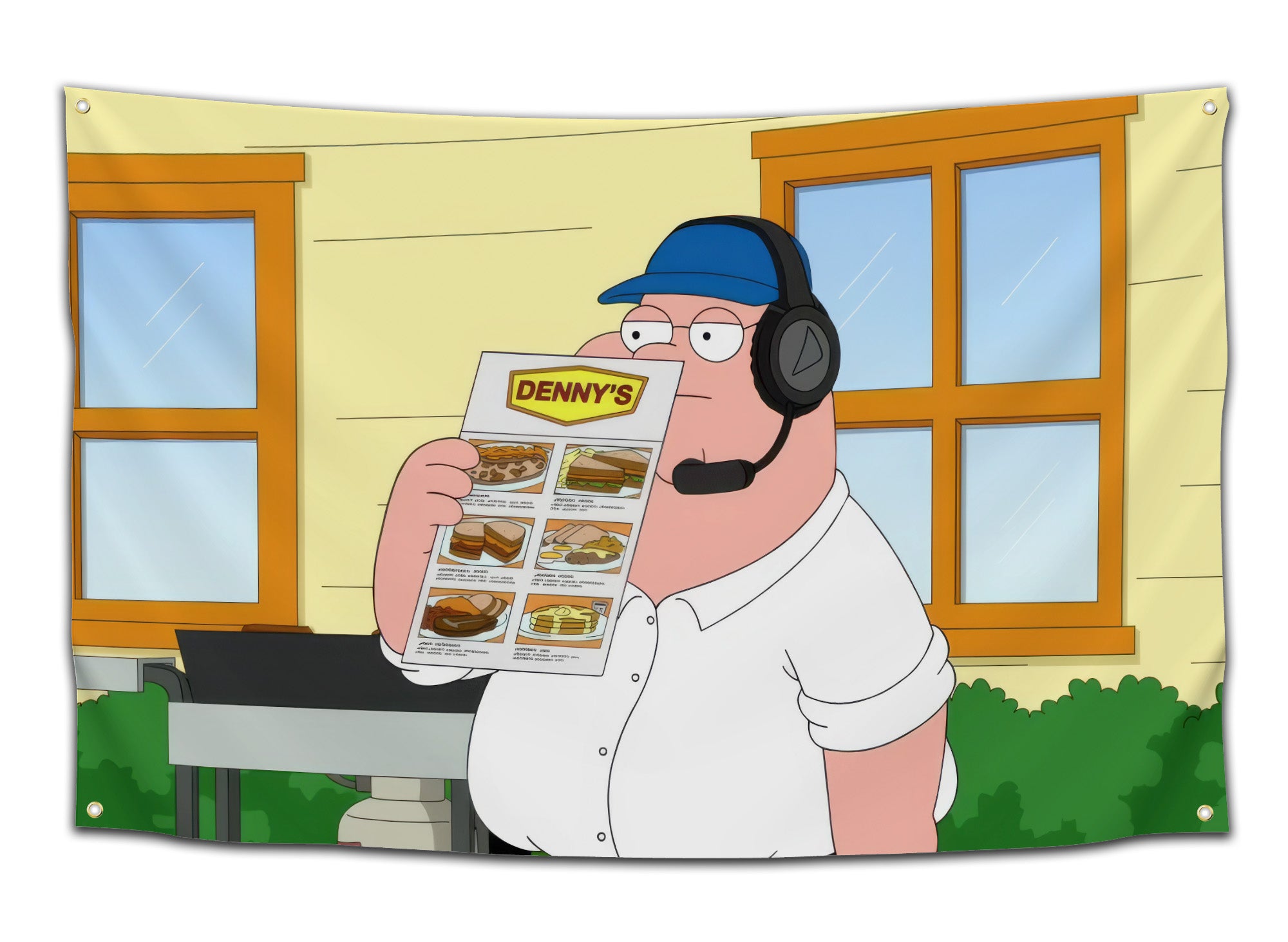 Funny Family Guy-themed flag featuring Peter Griffin wearing a headset and reading a Denny’s menu – hilarious TV show dorm flag from CollegeWares.
