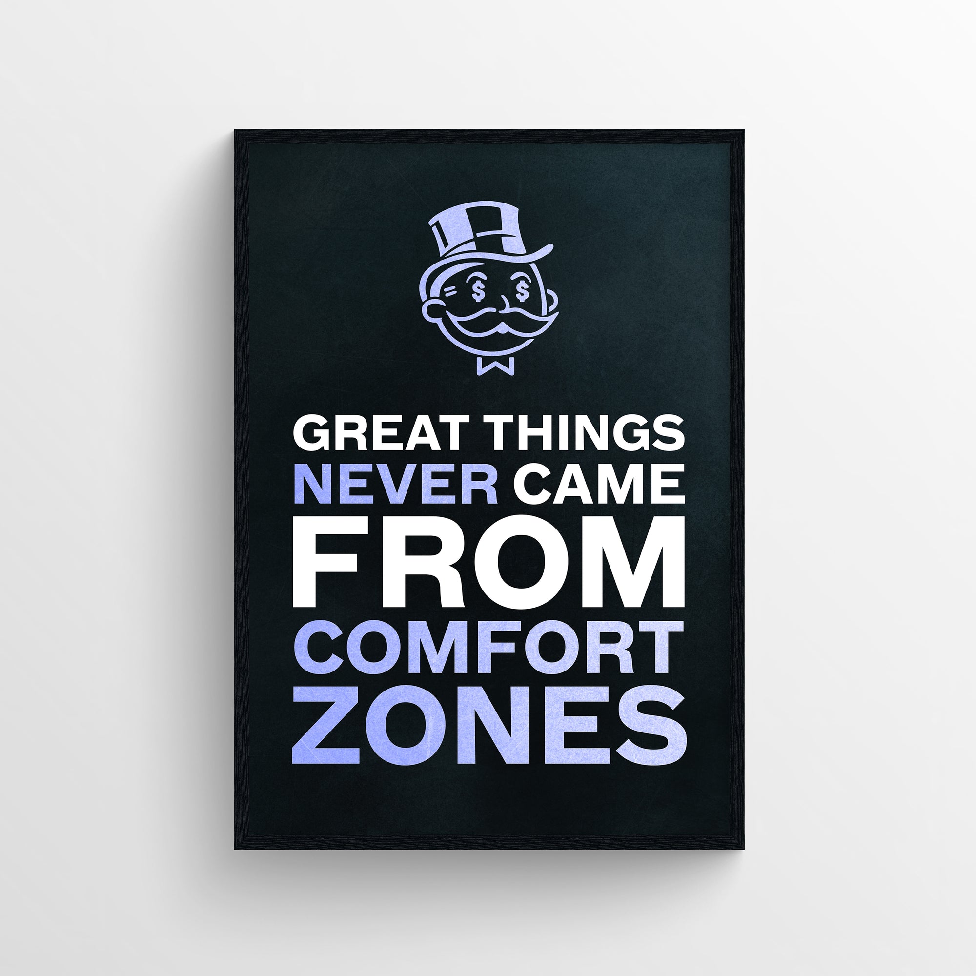 Poster with phrase “GREAT THINGS NEVER CAME FROM COMFORT ZONES” where “NEVER,” “FROM,” “COMFORT,” and “ZONES” are in purple — emphasizing the hidden idea that greatness lies outside the comfort zone. Framed by a top-hat cartoon figure and dark minimalist background — bold challenge artwork from CollegeWares.