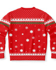 Back view of red Christmas sweater with white snowflakes and red cross-stitch patterns — festive and playful design from CollegeWares.