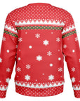 Back view of red Christmas sweater with white snowflakes and red cross-stitch patterns — festive and playful design from CollegeWares.