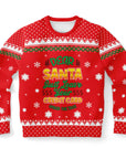 Red Christmas sweater with bold text saying “Dear Santa Just Leave Your Credit Card” surrounded by snowflakes — funny holiday partywear from CollegeWares.