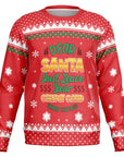 Red Christmas sweater with bold text saying “Dear Santa Just Leave Your Credit Card” surrounded by snowflakes — funny holiday partywear from CollegeWares.
