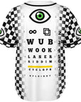 Back of a black-and-white checkerboard EDM jersey with a vertical eye-chart parody in the center. The top features a large green cyclops eye icon followed by symbols (infinity sign and overlapping squares). Below it are stacked words decreasing in size: “WUB,” “WOOK,” “LASER,” “RIDDIM,” and a yellow-underlined “CYCLOPS,” ending with “SPLOINKY.” Checkerboard panels flank both sides and eye patches sit on each sleeve.