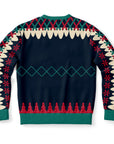 Back view of navy Christmas sweater with green diamonds and red trees, no text — playful winter pattern from CollegeWares.