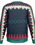 Back view of navy Christmas sweater with green diamonds and red trees, no text — playful winter pattern from CollegeWares.