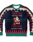 Navy Christmas sweater with Santa reading on a chair and the quote “Dear Santa I Was Good at Being Naughty” — festive and cheeky holiday humor from CollegeWares.