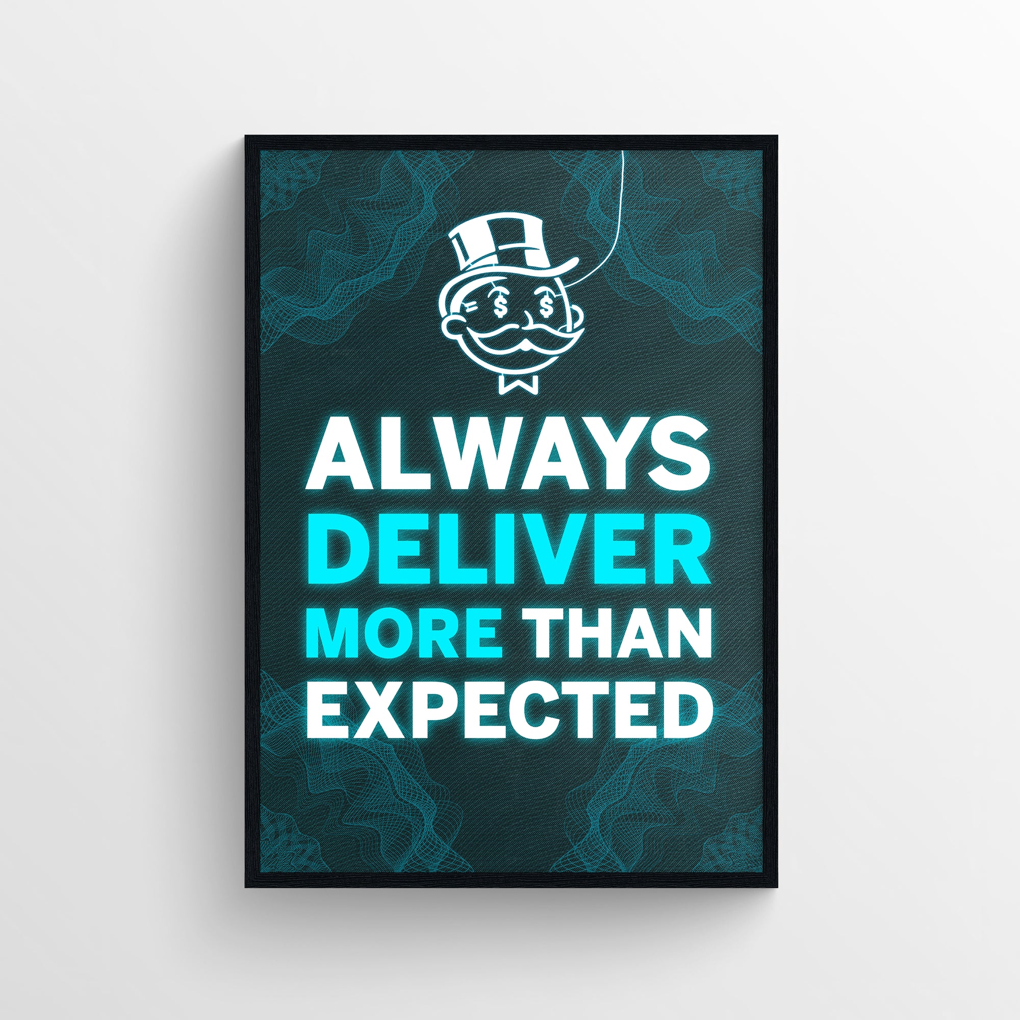 Poster featuring “DELIVER MORE” with “DELIVER” in white and “MORE” in purple, creating a visual emphasis on the word “MORE” as the key motivational cue. Includes a dark tech-style background and a rich uncle mascot above the text — minimalist hustle decor for dorms, workspaces, and productivity corners by CollegeWares.