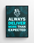 Poster featuring “DELIVER MORE” with “DELIVER” in white and “MORE” in purple, creating a visual emphasis on the word “MORE” as the key motivational cue. Includes a dark tech-style background and a rich uncle mascot above the text — minimalist hustle decor for dorms, workspaces, and productivity corners by CollegeWares.