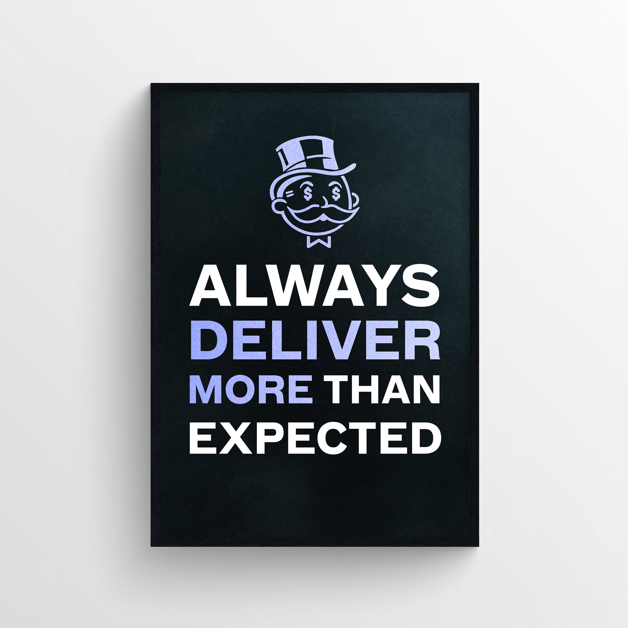 Poster with the quote “DELIVER MORE” in bold block letters, where “MORE” is highlighted in glowing blue while “DELIVER” is in white — emphasizing the secret message of going beyond expectations. Features a glowing grid background with a cartoon businessman in a top hat above the phrase — sleek and high-performance energy from CollegeWares.