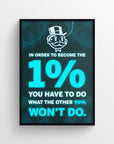 Poster featuring glowing “1% vs. 99%” quote with digital neon grid backdrop and money-themed cartoon head — motivational boss-mode wall art from CollegeWares.