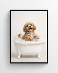 Photorealistic cavapoo dog bathing in a white clawfoot tub — funny bathroom poster with modern minimalist bathroom decor style for apartments and dorms, animal wall print at CollegeWares.