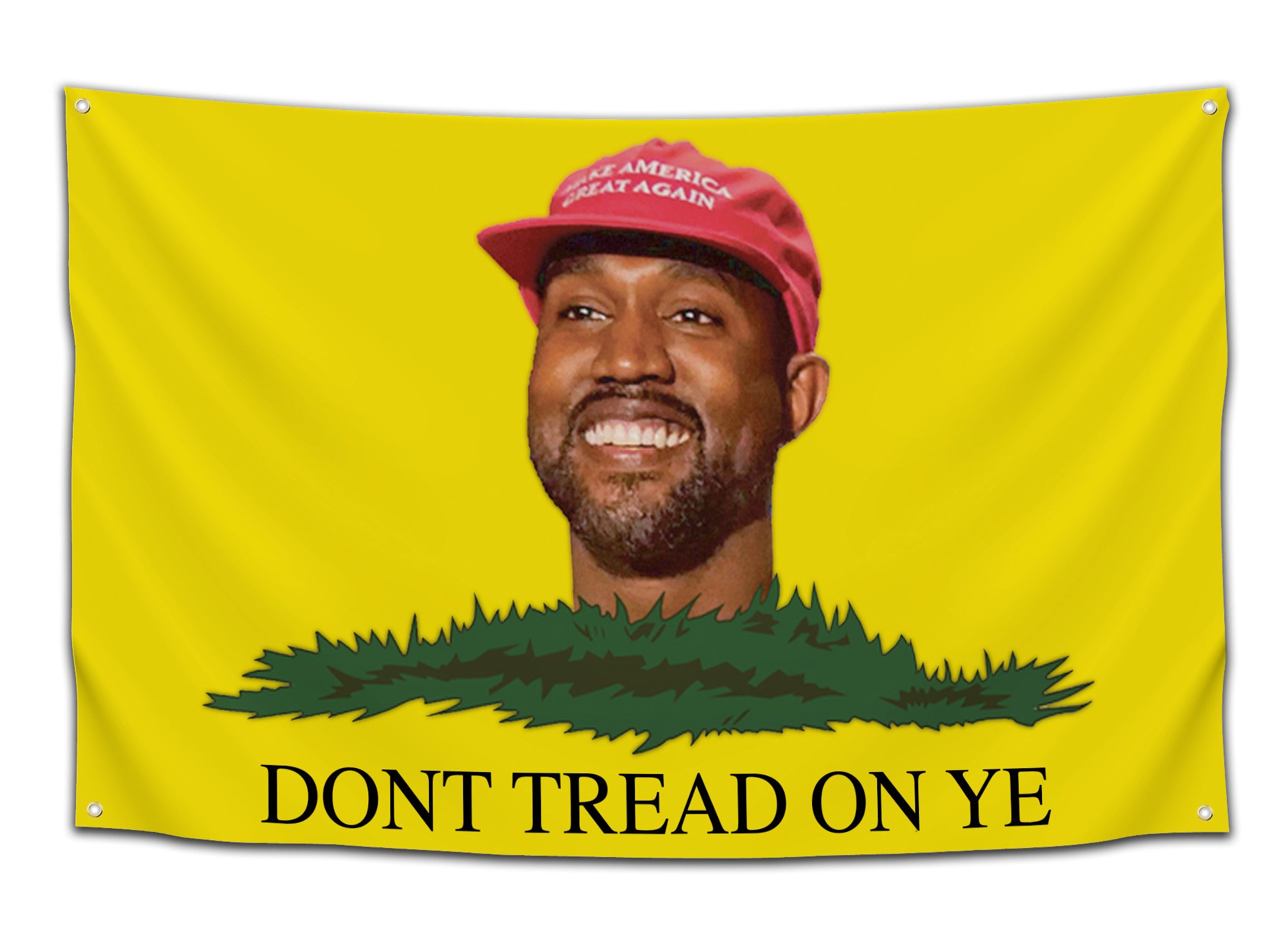 Yellow “Don’t Tread on Ye” flag featuring Kanye West’s face wearing a red MAGA hat – political meme parody flag from CollegeWares.