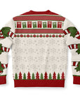 Back view of cream and red sweater with snowflakes, trees, and presents — festive and cheeky print from CollegeWares.