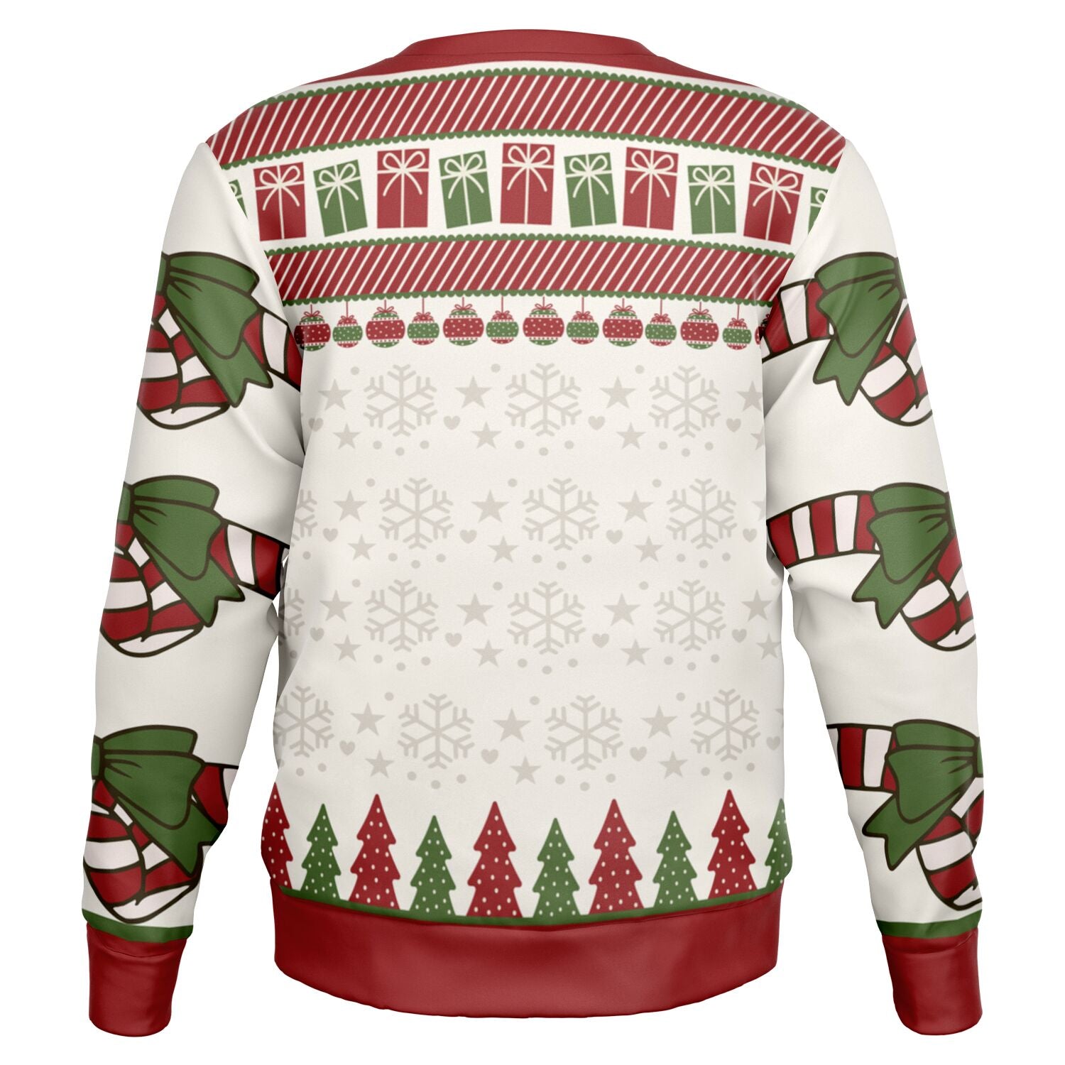 Back view of cream and red sweater with snowflakes, trees, and presents — festive and cheeky print from CollegeWares.