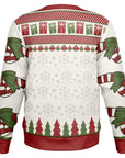 Back view of cream and red sweater with snowflakes, trees, and presents — festive and cheeky print from CollegeWares.