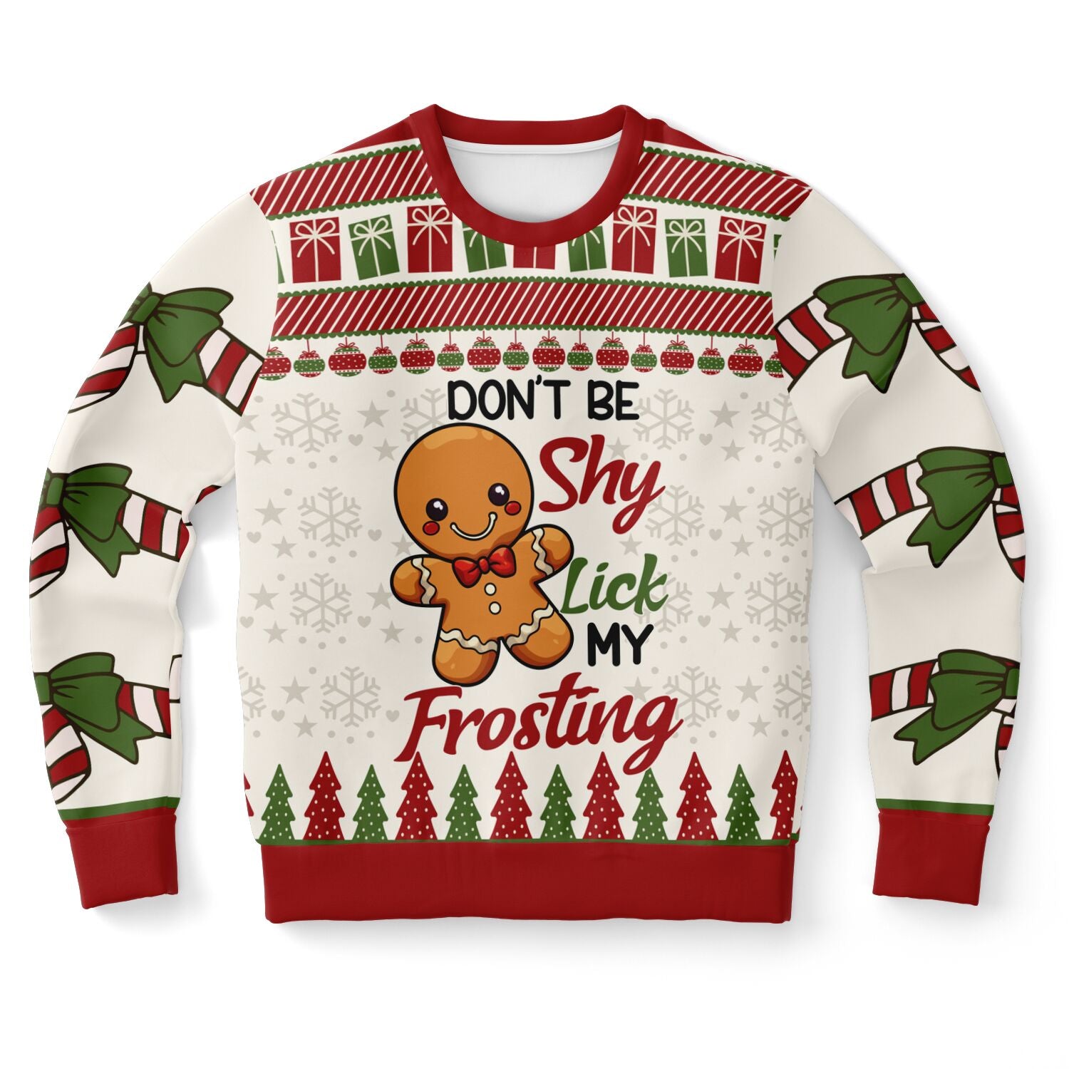 Cream and red Christmas sweater featuring gingerbread man and bold text reading “Don’t Be Shy Lick My Frosting” — playful holiday design from CollegeWares.