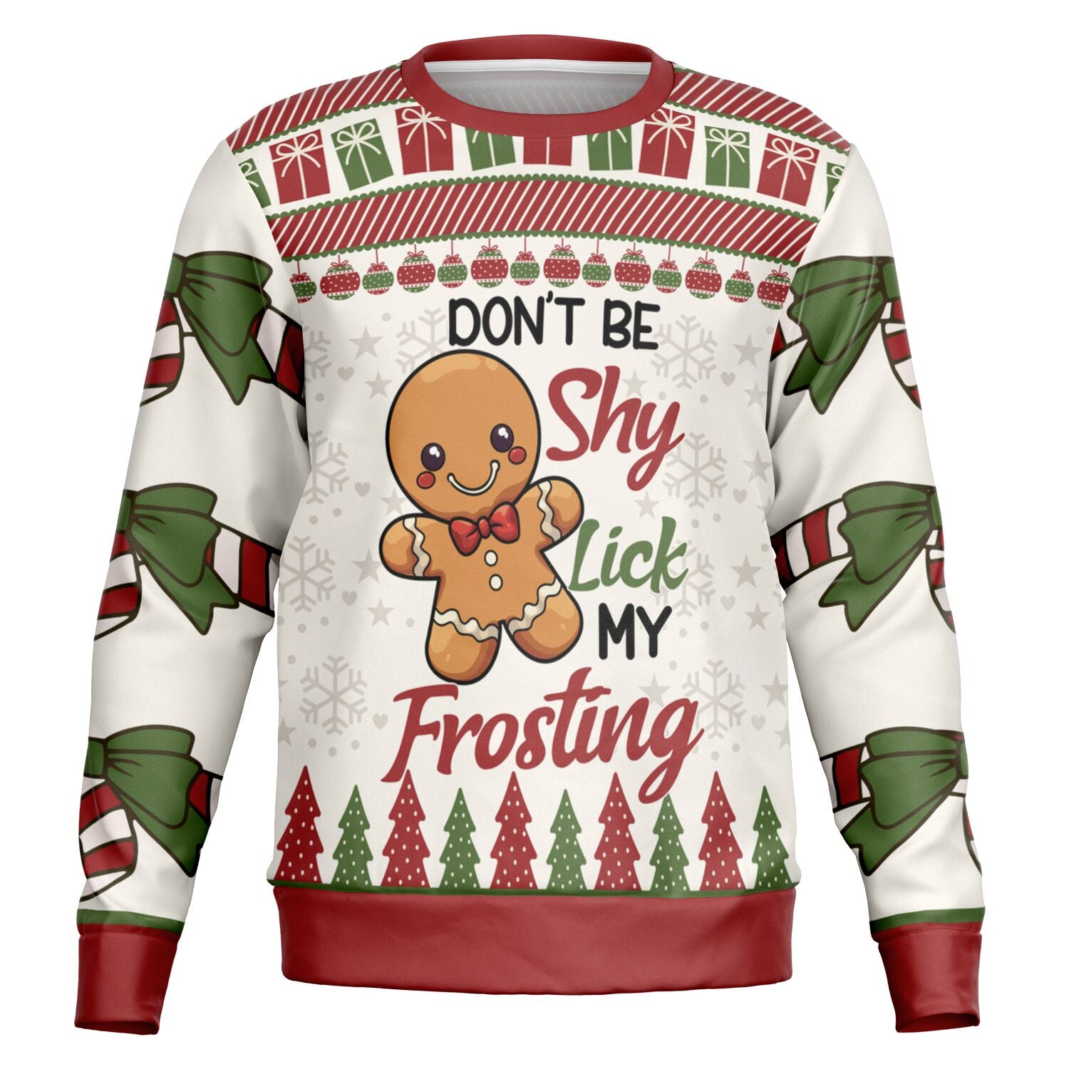Cream and red Christmas sweater featuring gingerbread man and bold text reading “Don’t Be Shy Lick My Frosting” — playful holiday design from CollegeWares.
