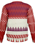 Back view of red and cream Christmas sweater with zigzag patterns and tree silhouettes — cheeky holiday design from CollegeWares.