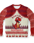 Red and cream sweater with angry cartoon dinosaur and bold text “Don’t Be a Dickasaurus” — funny dino-themed holiday sweatshirt from CollegeWares.