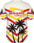 Ghost mockup showing the back of the jersey with IN-N-OUT–inspired red and yellow chevrons, the parody Drum-N-Bass arrow graphic across the shoulders, and black palm trees positioned at the bottom center.