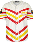 Ghost mockup of the front side of the jersey displaying the angled red and yellow chevron stripes, white piping, and the parody Drum-N-Bass logo on the left chest.