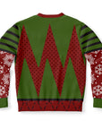 Back view of green and red holiday sweater with zigzag tree pattern and no text — festive and cheeky look from CollegeWares.