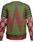 Back view of green and red holiday sweater with zigzag tree pattern and no text — festive and cheeky look from CollegeWares.