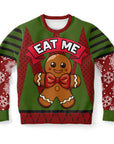 Green and red Christmas sweater with bold “EAT ME” text and gingerbread man graphic — naughty holiday humor from CollegeWares.