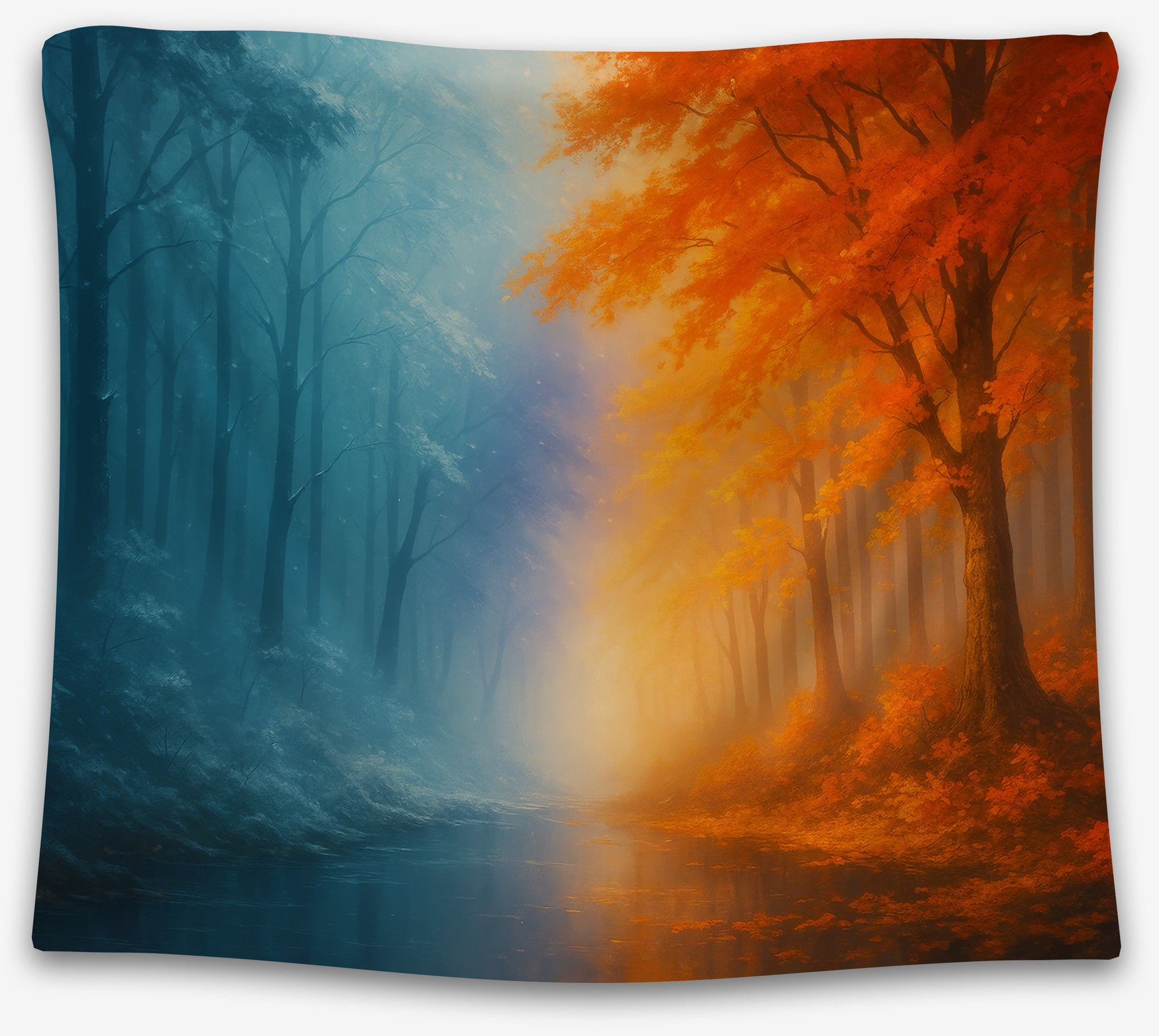 Split-color forest tapestry with orange autumn trees and blue winter woods, perfect aesthetic dorm tapestry or fantasy wall hanging by CollegeWares.
