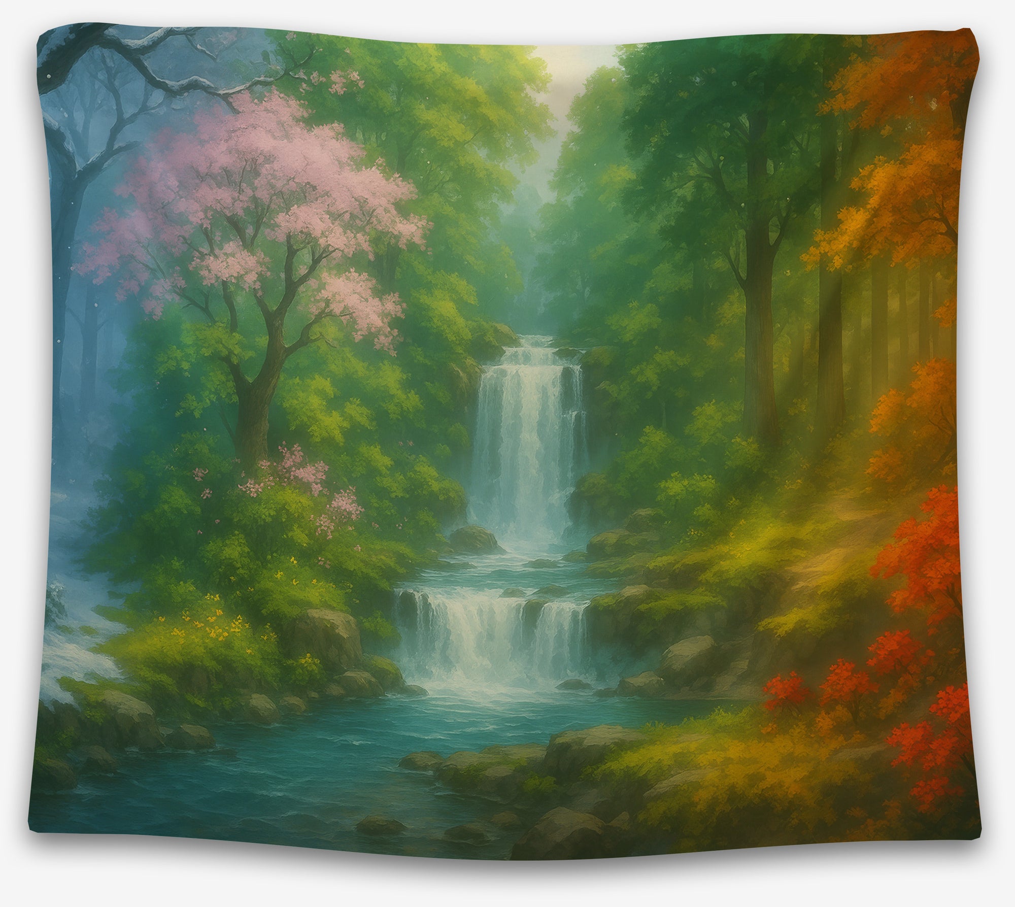 Colorful waterfall tapestry with pink cherry blossoms, green forest, and orange autumn trees, perfect fantasy dorm tapestry or nature wall decor by CollegeWares.