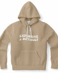 Brown hoodie featuring “Expensive & Difficult” in bold white font — sassy and self-aware statement piece from CollegeWares.