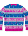 Blue and pink holiday sweater with snowflakes, Christmas trees, and flamingo pattern — festive and Florida-ready from CollegeWares.
