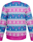 Blue and pink holiday sweater with snowflakes, Christmas trees, and flamingo pattern — festive and Florida-ready from CollegeWares.