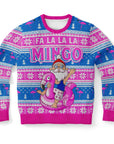 Blue and pink Christmas sweater with “Fa La La La Mingo” text and Santa riding a pink flamingo floaty — tropical holiday vibes from CollegeWares.