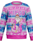 Blue and pink Christmas sweater with “Fa La La La Mingo” text and Santa riding a pink flamingo floaty — tropical holiday vibes from CollegeWares.
