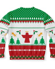 Back view of red, green, and white holiday sweater with angel and tree graphics — playful and cozy seasonal style from CollegeWares.