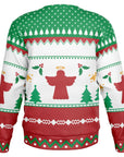 Back view of red, green, and white holiday sweater with angel and tree graphics — playful and cozy seasonal style from CollegeWares.