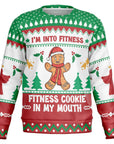 Funny Christmas sweater with green, red, and white design, gingerbread man, and “I’m Into Fitness—Fitness Cookie in My Mouth” quote — festive humor by CollegeWares.
