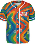 Front of a rainbow swirl EDM baseball jersey featuring “FROOT WOOKS” text on the left chest. White piping lines the buttons and multicolored cereal loops float across the psychedelic background.