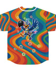 Back flat lay of a rainbow swirl rave jersey with a bright cartoon toucan character in festival gear, surrounded by floating cereal loops. Psychedelic orange, blue, green, and red waves cover the background.
