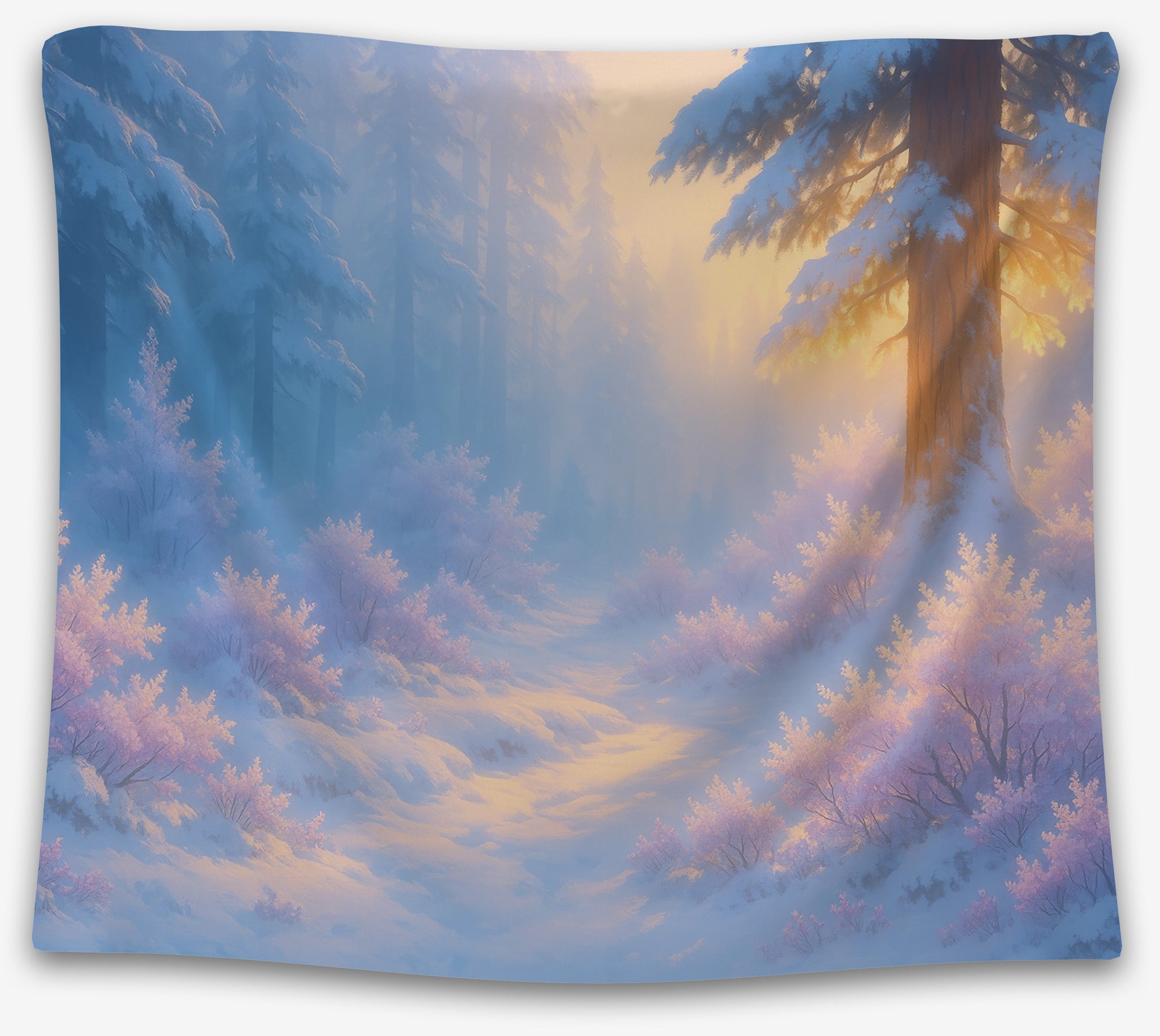 Snowy forest tapestry with golden sunlight and frosted lavender bushes, perfect winter dorm tapestry or cozy wall hanging by CollegeWares.