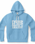 Blue hoodie with bold white text saying “Fueled By Iced Coffee & Anxiety” — perfect for anxious girlies who never miss a Starbucks run, from CollegeWares.
