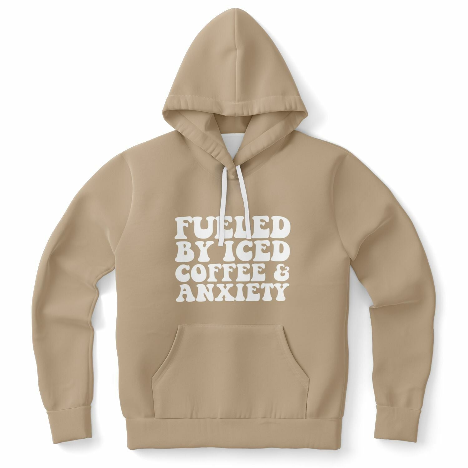 Tan hoodie featuring all-caps phrase “Fueled By Iced Coffee & Anxiety” in white letters — anxious energy aesthetic from CollegeWares.