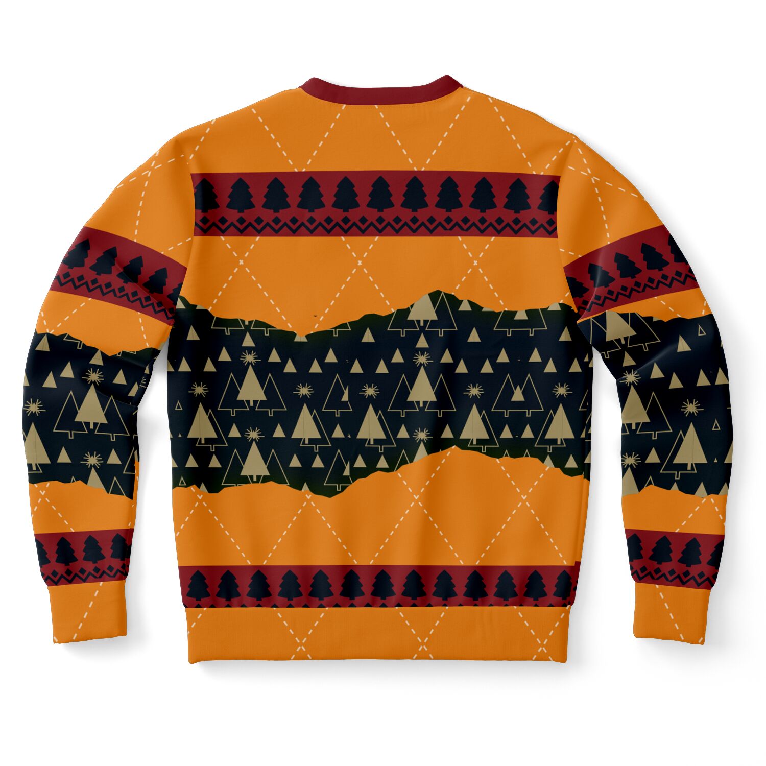 Back view of orange holiday sweater with black and gold tree pattern and no text — bold and festive Christmas humor from CollegeWares.