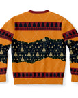 Back view of orange holiday sweater with black and gold tree pattern and no text — bold and festive Christmas humor from CollegeWares.