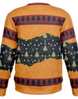 Back view of orange holiday sweater with black and gold tree pattern and no text — bold and festive Christmas humor from CollegeWares.