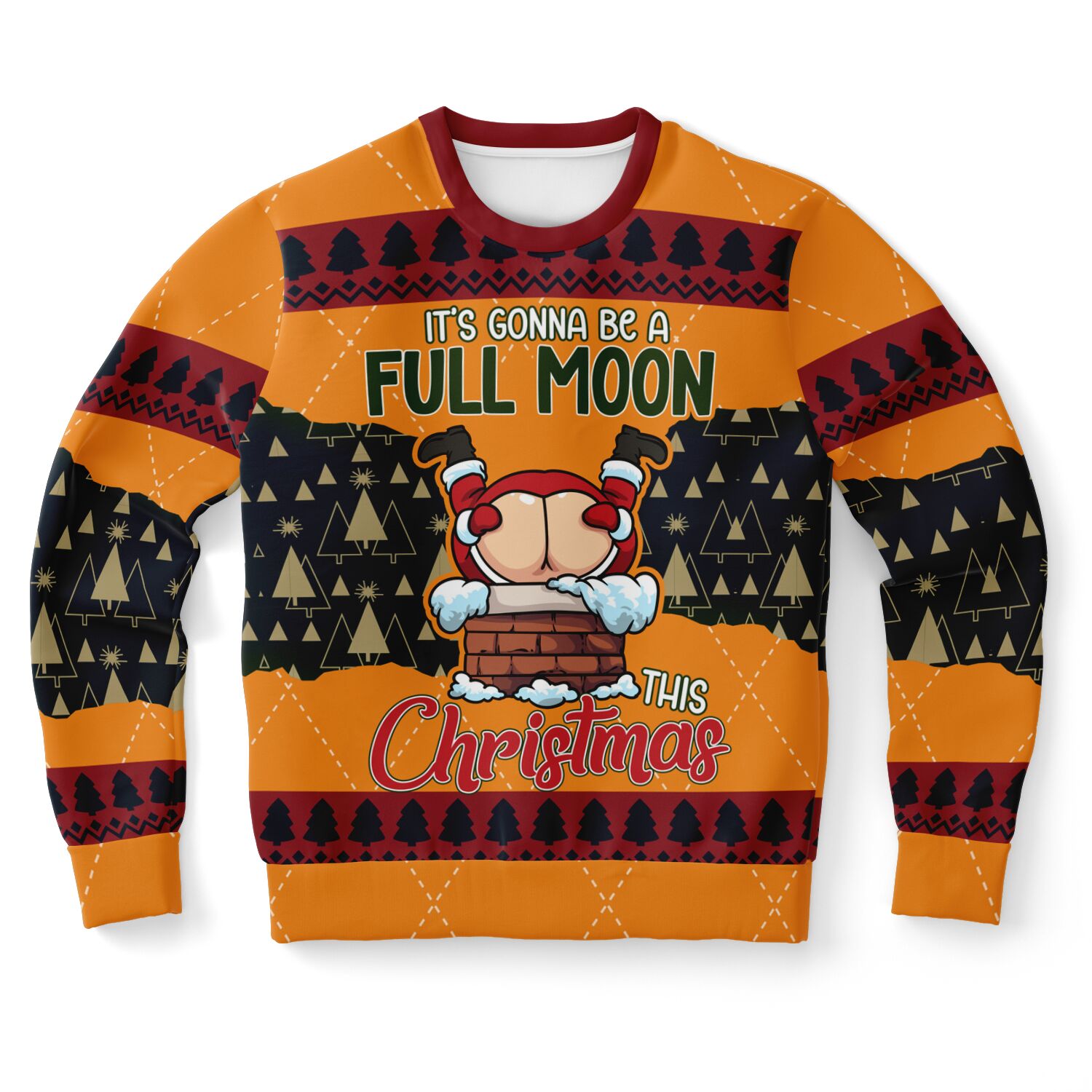 Orange Christmas sweater with Santa mooning chimney and “Full Moon This Christmas” text — funny and cheeky holiday sweatshirt from CollegeWares.